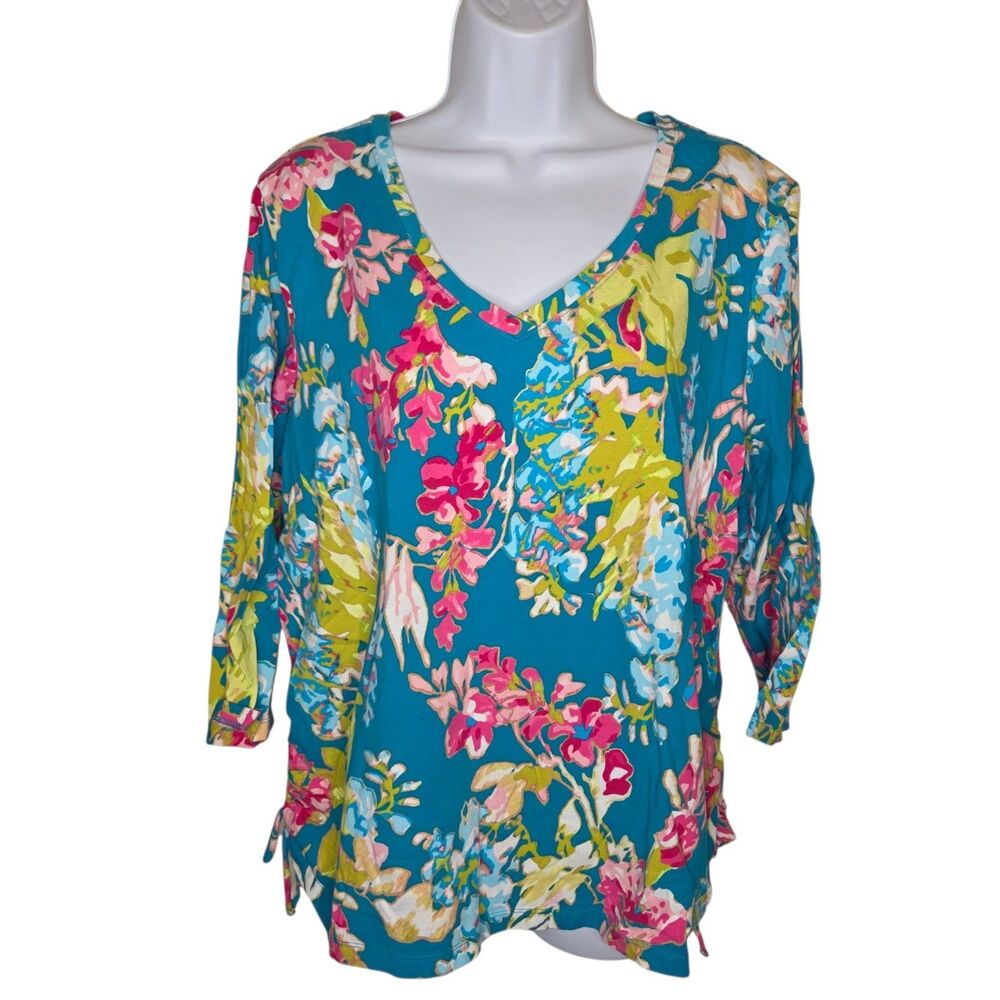 Caribbean Joe Woman 2X V-Neck Top Floral Tropical 3/4 Sleeve Side Cinch Blue